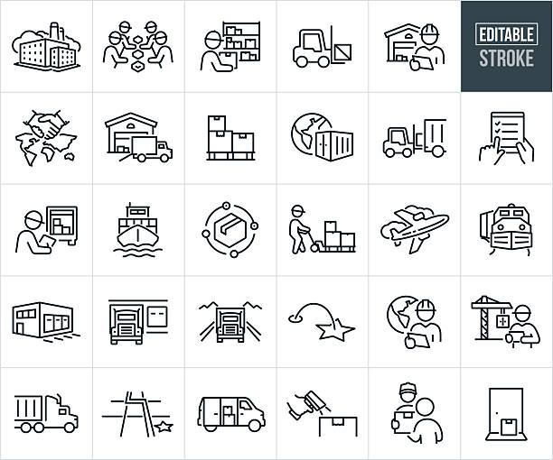 Logistics Thin Line Icons - Editable Stroke - Icons Include Shipping, Delivery, Cargo, Transport, Factory, Supply Chain, Package, Global Transport, Shipping Barge, Air Cargo, Warehouse, Inventory, Freight Train, Semi-Truck, Customer, Delivery Person A set of logistics icons that include editable strokes or outlines using the EPS vector file. The icons include a factory, workers on an assembly line assembling products, warehouse worker retrieving package from inventory, forklift with crate, warehouse worker reviewing warehouse inventory, warehouse worker receiving inventory, global shipping agreement with a handshake, shipping truck at a warehouse being loaded up for transport, pallet with boxes, shipping crate and the earth, forklift loading shipment into a semi trailer, logistics checklist, shipper reviewing packages on truck for delivery, shipping barge with shipping containers, shipping cycle, warehouse worker using a pallet jack to move boxes, airplane used to ship freight, freight train transporting cargo, loading dock, semi-truck being filled with cargo at loading dock, dock worker managing cargo transport, semi-truck used to transport packages, delivery van with packages, delivery man delivering package to customer and a package on the doorstep after a delivery. manufacturing occupation stock illustrations