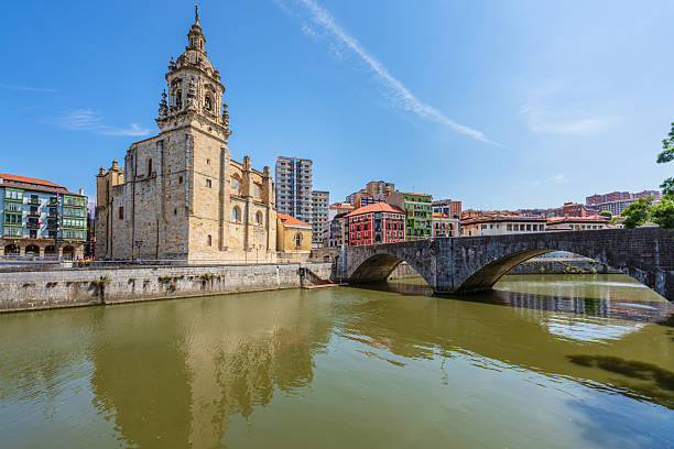 Bilbao city and Nervion river in San Anton Church and bridge of Biscay Vizcaya of Basque Country of Euskadi Spain
