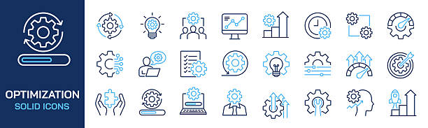 illustrations, cliparts, dessins animés et icônes de ensemble d’icônes de ligne de collecte liées à l’optimisation, l’efficacité, l’amélioration, la performance. trait modifiable. pixel parfait sur fond transparent - mouvement
