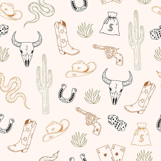 Western repeating pattern Seamless pattern with cowboy boot, hat and cacti on light background. Hand drawn vector illustration for wrapping paper, textile, fabric. cowboy playing cards drawings stock illustrations
