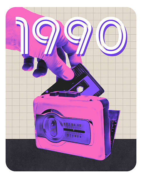 Stylized hand inserts tape into pink cassette player with bold 1990 text.