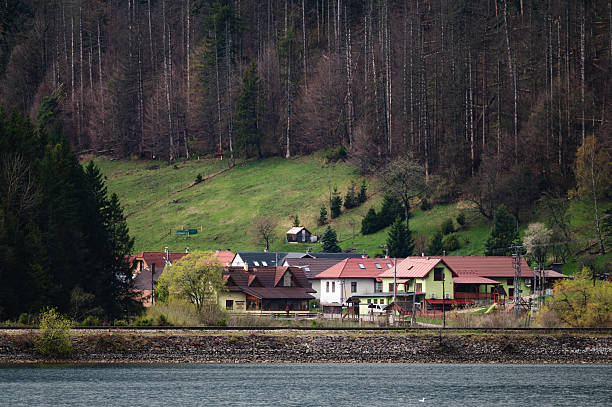 A row of colorful houses sits at the base of a densely forested hillside, facing a calm lake. The lush greenery and peaceful water create a serene and secluded atmosphere in this scenic mountain location.