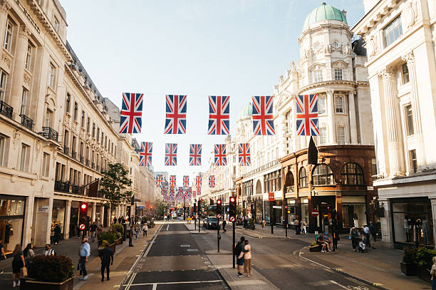 istock Street in London with British flags 2215243556