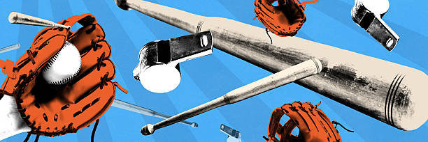 Banner. Composite collage. Baseball bats, leather gloves and whistles in striking composition against blue background.