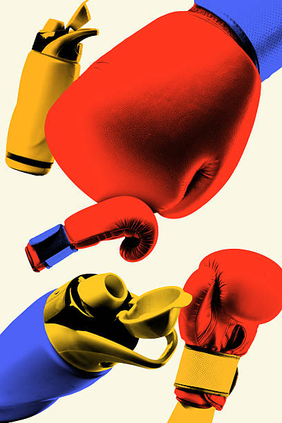 istock Poster. Bold modern artwork. Red boxing gloves with colored water bottles against soft background. Textured effect. Pop art style. 2215244441