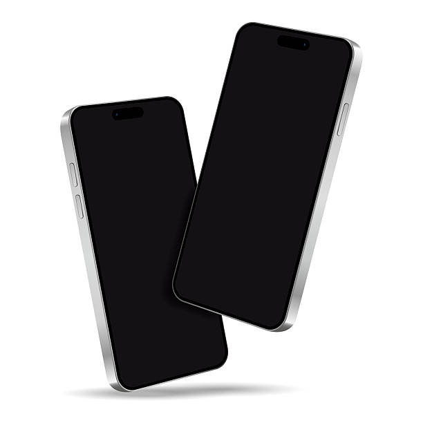 istock Two smartphones mockup with black screens while levitating in the air on a white background 2215249368