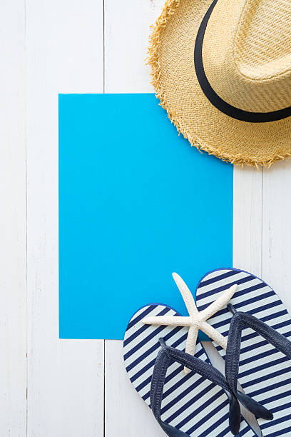 Flat lay of tropical beach summer holiday template.