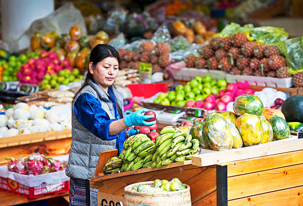 Trader at fruit stand, Ka Ja Throm market, Thimpu, Bhutan. The Royal Buddhist Kingdom of Bhutan, mountainous country in the Himalayas known for its monasteries, fortresses (or dzongs) and dramatic landscapes, ranging from subtropical plains to steep mountains and valleys, all of which are popular trekking destinations. Most famous landmark is Paro Taktsang monastery or Tiger’s Nest, clinging to precipitous cliffs above Paro Valley. Its Capital is Thimphu
