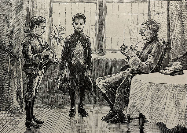 istock Antique illustration - man sitting in chair by a table talking to two young boys 2215256178