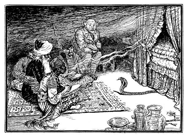 Antique fable illustration: Egyptian snake charmers