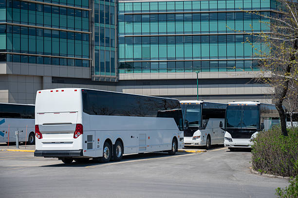 Big passenger buses at the parking station downtown Quebec city during a summer day