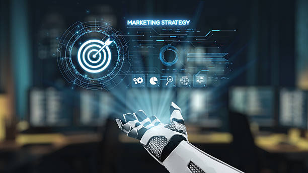istock Futuristic Robot Hand Interacting with Digital Marketing Strategy Interface in a Modern Workspace Environment with Screens and Data Analysis Elements. Auvana 2215272550