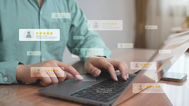 istock Customer review good rating concept, hand pressing user and five star icon on visual screen for positive customer feedback, testimonial and testimony, user comment and feedback for review. 2215273567