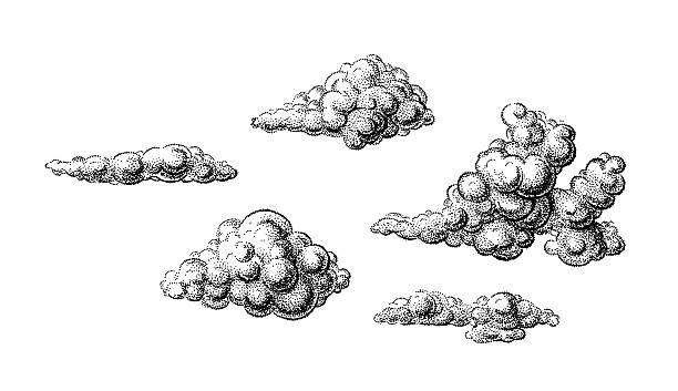 Clouds in hand drawn vintage retro style isolated on white background. Cartoon design elements. Landscape elements in sketch style. Vector illustration.