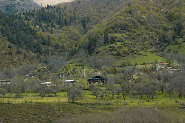 A scenic view of a peaceful village nestled in the rolling hills of the Caucasus Mountains in Georgia. Surrounded by lush spring greenery and evergreen forests, the traditional homes with tin roofs and wooden structures blend into the serene natural landscape. This tranquil rural scene captures the charm and simplicity of life in the Georgian highlands, ideal for those seeking a connection to nature and culture. Georgia