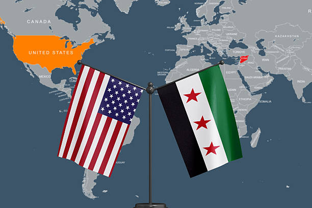 istock United States and Syrian Opposition Flags with World Map Background 2215277542