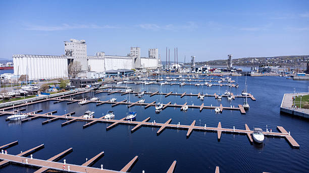 Aerial view of dock with boats at the Bassin Louise marina of Quebec city during a day of springtime
