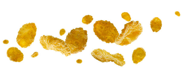istock Cornflakes flying and levitating in space. Isolated on white 2215288545