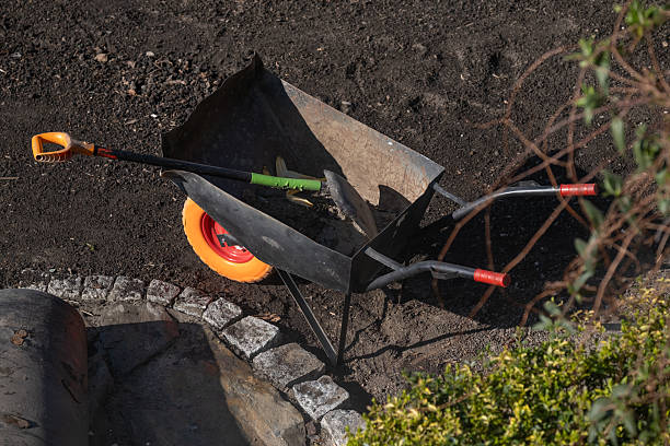 istock Garden Wheelbarrow with Shovel and Rake on Soil 2215289677
