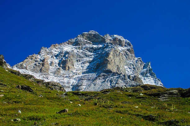 Alps mountains panoramic view in Matterhorn area. Beautiful rocky peaks, mount and gray stones on a sunny day, deep blue sky with clouds. Alps snow mountains Monte Cervino and Monte Rosa range summits