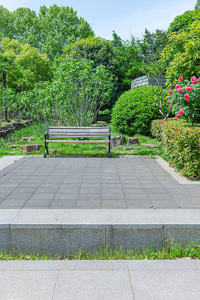 istock Empty park bench and stone brick pathway in the lush green garden 2215304054
