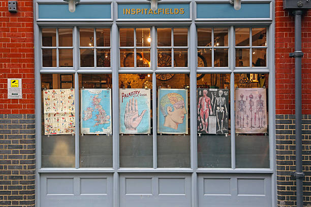 London, United Kingdom - November 17, 2013: Exterior Windows View Inspitalfields Gift Shop at Old Spitalfields Market.