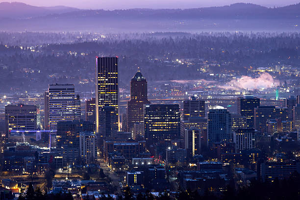 Downtown Portland, Oregon, just before sunrise on a calm winter morning.
