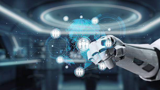 istock Futuristic robotic arm interacting with digital human network and world map in modern high-tech environment, showcasing connectivity and innovation in technology. Auvana 2215311158