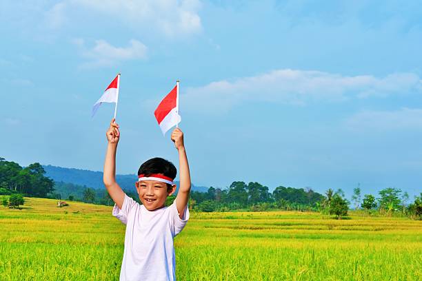 istock Smiling Indonesian Boy Celebrating with Flags in Paddy Field 2215314158
