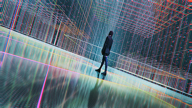 istock Young woman standing in VR environment 2215314692