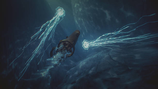 istock Concept image of deep underwater ocean exploration with submarine 2215314813
