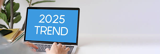 istock Laptop computer with 202 trend on screen background with copy space, digital marketing, business and technology concept 2215322183