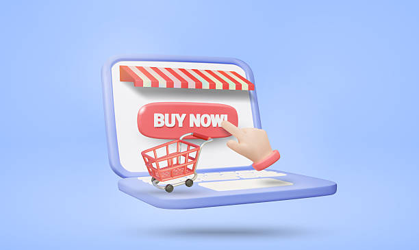 istock 3D illustration vector render of laptop store displaying BUY NOW sign with hand clicking button and shopping cart next to it. Concept of fast and convenient online shopping order, boost sales. 2215322773