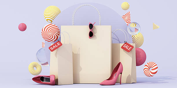istock Three beige shopping bags with red heels and sale tags, floating decorative elements add a festive atmosphere. Perfect for fashion promotions. 3d rendering. 2215334365