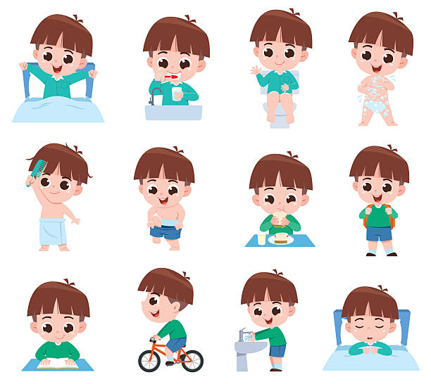 Cartoon Boy Daily Routine Activities A collection of cartoon illustrations showing a boy going through his full daily routine—from waking up, brushing teeth, using the toilet, bathing, dressing, eating breakfast, going to school, studying, playing, washing hands, to going to bed. Perfect for teaching kids healthy habits and self-care through fun visuals. boy getting dressed for school stock illustrations