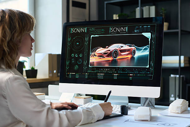 istock Female Designer Drawing Model of Racing Car 2215340033