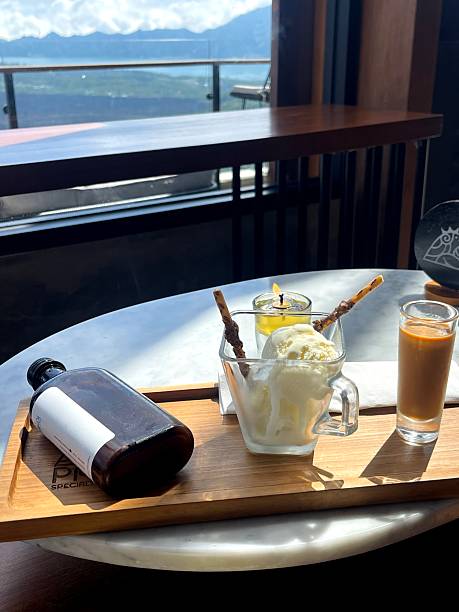 Affogato Coffee Served on Wooden Tray with Mountain View