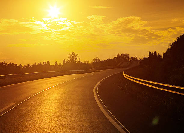 Curving stretch of empty highway glowing with intense golden light from the setting sun. The warm amber tones wash across the asphalt surface creating a luminous pathway, while the silhouetted tree line frames the right side of the road against a dramatic yellow-orange sky.