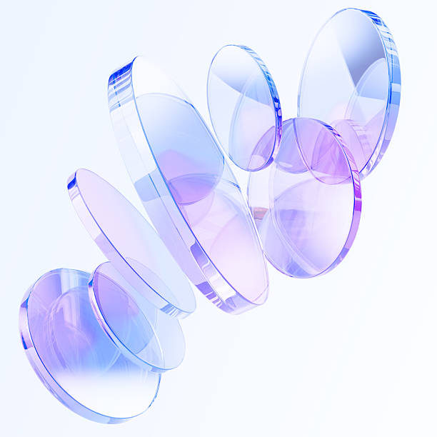 istock Glass hologram transparent circle disc shapes flying on pastel 3d background. Rainbow gradient round lens with prism light refraction and flare. Abstract render geometric disk plates 2215349057