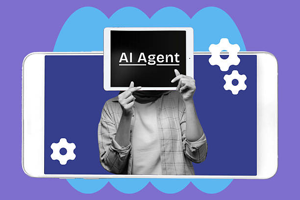 AI agent virtual assistant on phone screen. Concept of automation, smart tech, and innovation. Futuristic black and white pop art illustration, digital collage.