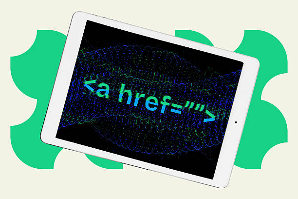 Link tag on tablet screen with distorted glitch effect. Coding element and symbol, front end programming. Web developer work. Pop art digital collage.