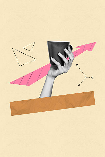 istock Creative art collage of hand showing mug coffee on pastel background 2215353989