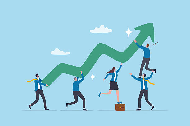 Teamwork support, collaboration for team success, colleague helping or effort to progress to achievement, cooperation, synergy concept, business people colleague help carry growing success arrow. Teamwork support, collaboration for team success, colleague helping or effort to progress to achievement, cooperation, synergy concept, business people colleague help carry growing success arrow. Growth Services stock illustrations
