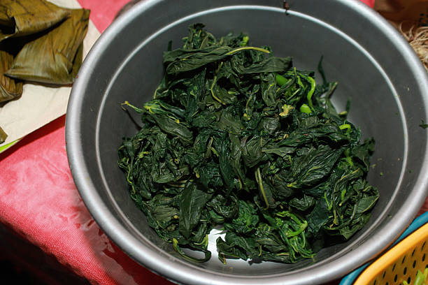 istock fresh green salad. Boiled cassava leaves 2215362952