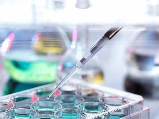 istock A precise pipette dispenses a liquid drop into a multi-well plate, a lab close-up scene. 2215364576