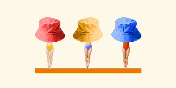 Minimalistic art collage. Three female figures in swimsuits stand side by side wearing oversized colorful bucket hats. Concept of identity, summer style, body positivity, visual humor, surreal beauty.