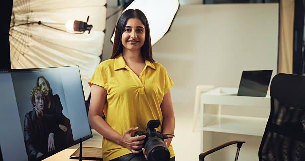 Portrait, photographer and woman with camera, smile and confident of about us for project or picture. Post production, screen and person with tech for magazine, artist and happy with image on set Portrait, photographer and woman with camera, smile and confident of decision for project or picture. Post production, screen and person with tech for magazine, artist and happy with image on set female film editor stock pictures, royalty-free photos & images