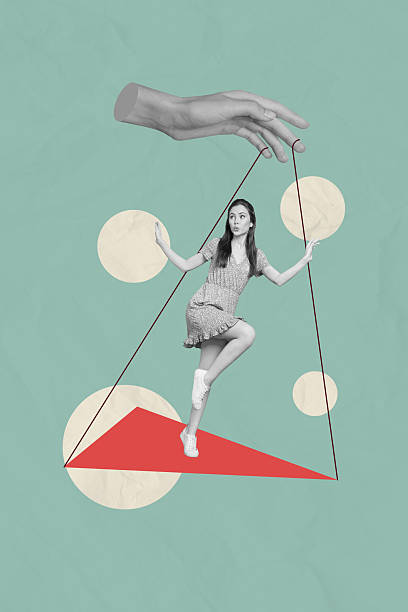 istock Creative image collage of person stand on triangle shape with hand rope control 2215385222