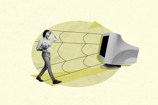 istock Banner trend collage of person walk in web net from old fashioned computer on pastel background 2215387217