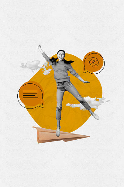 istock Image collage of person stand flying plane with speech bubble on white background 2215390682